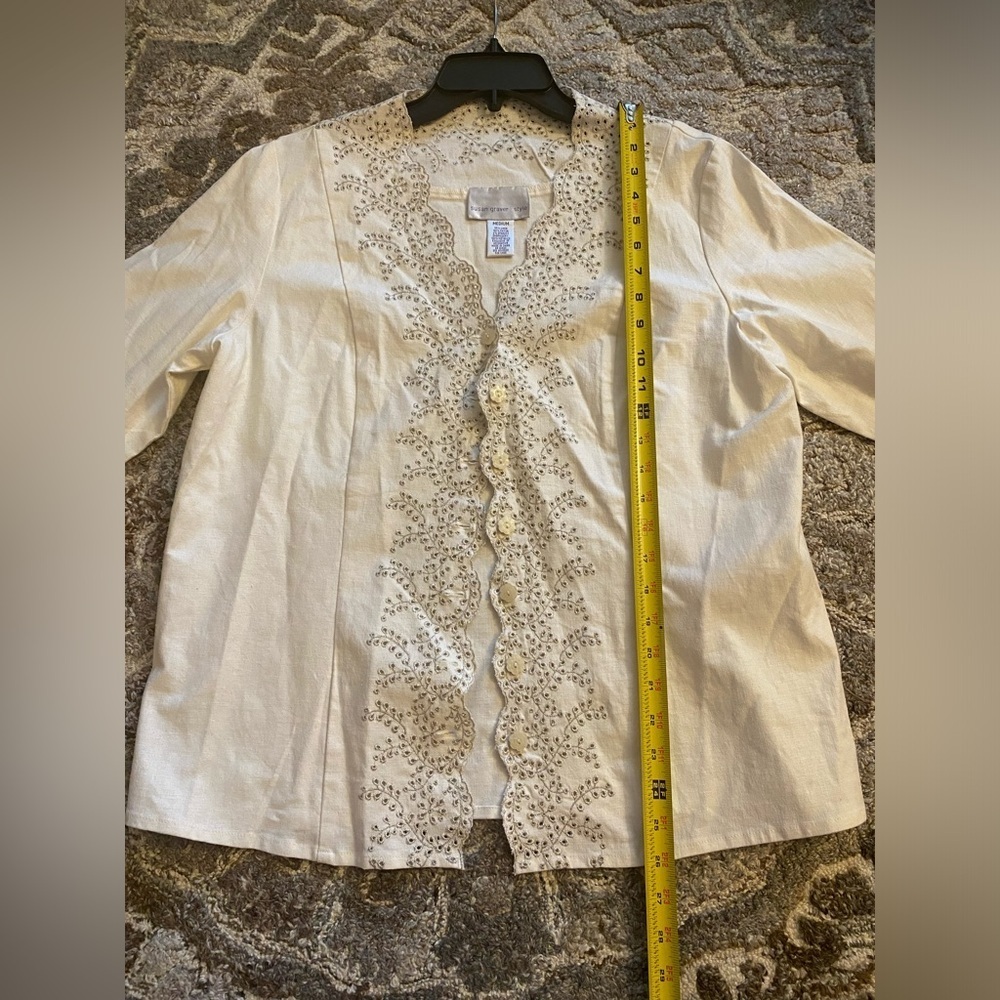 SUSAN GRAVER STYLE White Silver Metallic Eyelet Jacket Blazer Linen Blend Medium - Picture 7 of 8